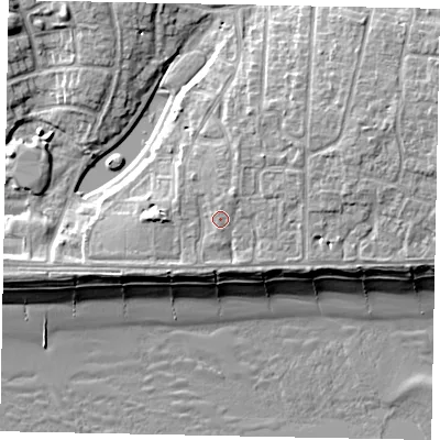 Shaded relief map of the ground around BN162UG, computed from Environment Agency LiDAR. The ground here sits at about 6 m above sea level and falls 10 m across the surrounding 800 m. Surface water reaching this point runs off ground lying to the north-east, 2.0 m higher.