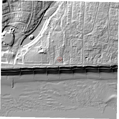 Shaded relief map of the ground around BN162UQ, computed from Environment Agency LiDAR. The ground here sits at about 6 m above sea level and falls 10 m across the surrounding 800 m. Surface water reaching this point runs off ground lying to the north-east, 2.0 m higher.