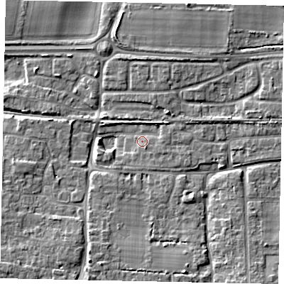 Shaded relief map of the ground around BN163AA, computed from Environment Agency LiDAR. The ground here sits at about 7 m above sea level and falls 6 m across the surrounding 800 m. Surface water reaching this point runs off ground lying to the north-east, 3.5 m higher.