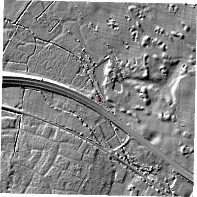 Shaded relief map of the ground around BN163FN, computed from Environment Agency LiDAR. The ground here sits at about 3 m above sea level and falls 8 m across the surrounding 800 m. Surface water reaching this point runs off ground lying to the east-south-east, 6.0 m higher.