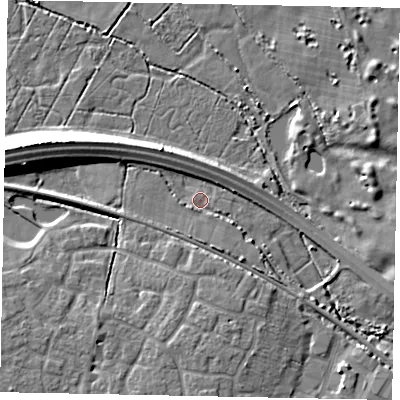 Shaded relief map of the ground around BN163JL, computed from Environment Agency LiDAR. The ground here sits at about 3 m above sea level and falls 11 m across the surrounding 800 m. Surface water reaching this point runs off ground lying to the south-east, 4.6 m higher.