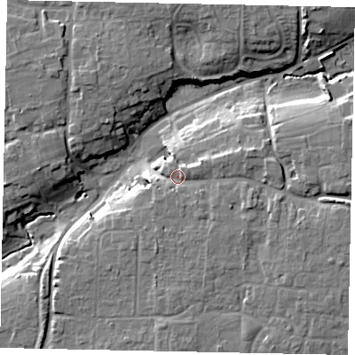 Shaded relief map of the ground around BN164AE, computed from Environment Agency LiDAR. The ground here sits at about 13 m above sea level and falls 15 m across the surrounding 800 m. Surface water reaching this point runs off ground lying to the east, 4.9 m higher.