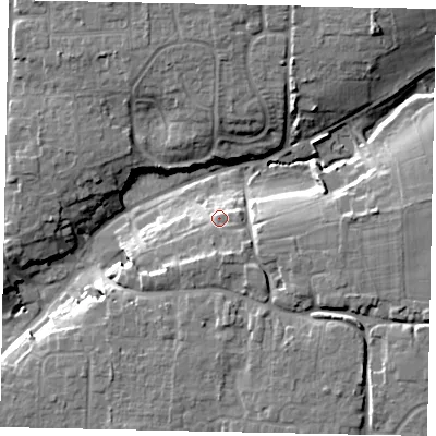 Shaded relief map of the ground around BN164BG, computed from Environment Agency LiDAR. The ground here sits at about 13 m above sea level and falls 16 m across the surrounding 800 m. Surface water reaching this point runs off ground lying to the south-south-east, 4.3 m higher.