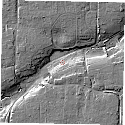 Shaded relief map of the ground around BN164BH, computed from Environment Agency LiDAR. The ground here sits at about 8 m above sea level and falls 18 m across the surrounding 800 m. Surface water reaching this point runs off ground lying to the south-east, 8.3 m higher.