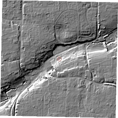 Shaded relief map of the ground around BN164BJ, computed from Environment Agency LiDAR. The ground here sits at about 7 m above sea level and falls 17 m across the surrounding 800 m. Surface water reaching this point runs off ground lying to the south-east, 8.7 m higher.