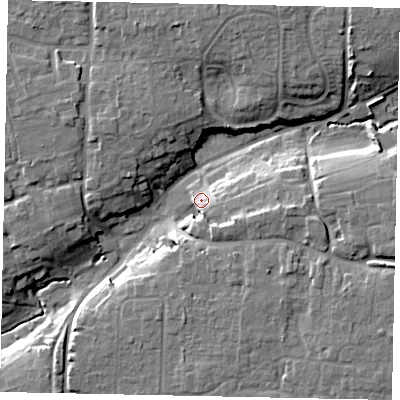 Shaded relief map of the ground around BN164BL, computed from Environment Agency LiDAR. The ground here sits at about 9 m above sea level and falls 16 m across the surrounding 800 m. Surface water reaching this point runs off ground lying to the south-east, 7.2 m higher.