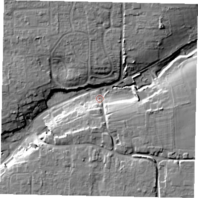 Shaded relief map of the ground around BN164BP, computed from Environment Agency LiDAR. The ground here sits at about 8 m above sea level and falls 16 m across the surrounding 800 m. Surface water reaching this point runs off ground lying to the north-north-east, 14.7 m higher.