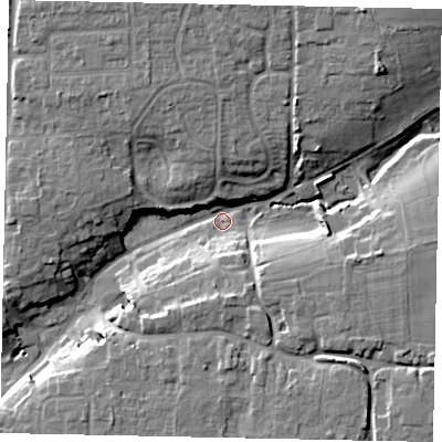 Shaded relief map of the ground around BN164DU, computed from Environment Agency LiDAR. The ground here sits at about 7 m above sea level and falls 17 m across the surrounding 800 m. Surface water reaching this point runs off ground lying to the north-east, 15.8 m higher.