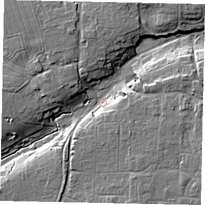 Shaded relief map of the ground around BN164EA, computed from Environment Agency LiDAR. The ground here sits at about 5 m above sea level and falls 14 m across the surrounding 800 m. Surface water reaching this point runs off ground lying to the east-north-east, 10.8 m higher.
