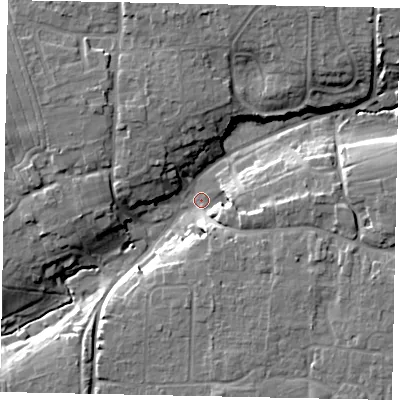 Shaded relief map of the ground around BN164ED, computed from Environment Agency LiDAR. The ground here sits at about 6 m above sea level and falls 16 m across the surrounding 800 m. Surface water reaching this point runs off ground lying to the north-east, 12.5 m higher.
