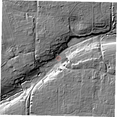 Shaded relief map of the ground around BN164EE, computed from Environment Agency LiDAR. The ground here sits at about 5 m above sea level and falls 16 m across the surrounding 800 m. Surface water reaching this point runs off ground lying to the north-east, 12.5 m higher.