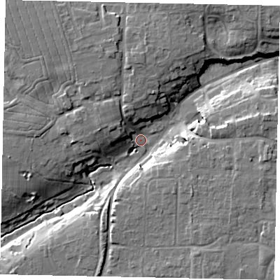 Shaded relief map of the ground around BN164EF, computed from Environment Agency LiDAR. The ground here sits at about 5 m above sea level and falls 14 m across the surrounding 800 m. Surface water reaching this point runs off ground lying to the north-north-west, 9.1 m higher.