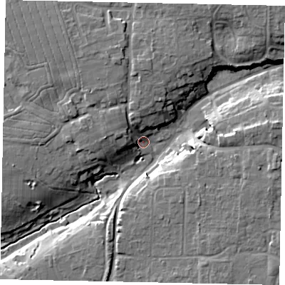 Shaded relief map of the ground around BN164EG, computed from Environment Agency LiDAR. The ground here sits at about 6 m above sea level and falls 14 m across the surrounding 800 m. Surface water reaching this point runs off ground lying to the north-north-west, 9.1 m higher.