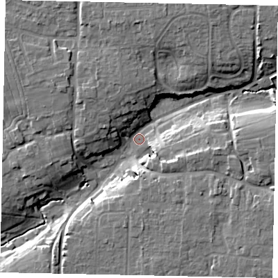 Shaded relief map of the ground around BN164EH, computed from Environment Agency LiDAR. The ground here sits at about 6 m above sea level and falls 16 m across the surrounding 800 m. Surface water reaching this point runs off ground lying to the north-east, 12.7 m higher.