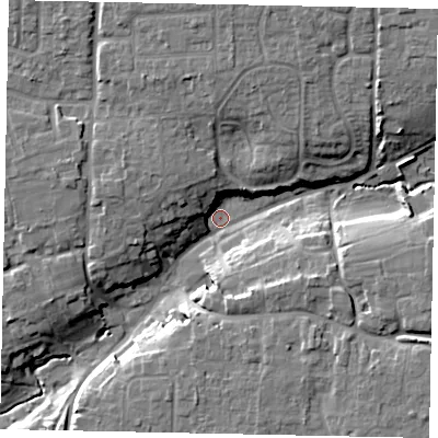 Shaded relief map of the ground around BN164EJ, computed from Environment Agency LiDAR. The ground here sits at about 5 m above sea level and falls 17 m across the surrounding 800 m. Surface water reaching this point runs off ground lying to the north-east, 14.0 m higher.