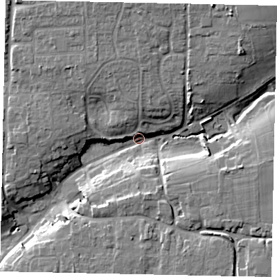 Shaded relief map of the ground around BN164EL, computed from Environment Agency LiDAR. The ground here sits at about 7 m above sea level and falls 17 m across the surrounding 800 m. Surface water reaching this point runs off ground lying to the north-north-east, 16.0 m higher.