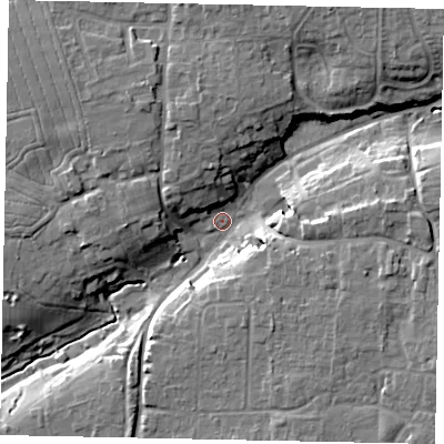 Shaded relief map of the ground around BN164EQ, computed from Environment Agency LiDAR. The ground here sits at about 5 m above sea level and falls 15 m across the surrounding 800 m. Surface water reaching this point runs off ground lying to the north-east, 11.5 m higher.