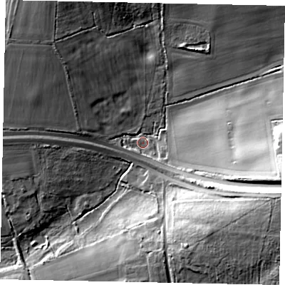 Shaded relief map of the ground around BN164EU, computed from Environment Agency LiDAR. The ground here sits at about 13 m above sea level and falls 31 m across the surrounding 800 m. Surface water reaching this point runs off ground lying to the east-south-east, 26.3 m higher.