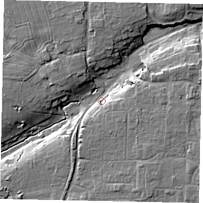 Shaded relief map of the ground around BN164HL, computed from Environment Agency LiDAR. The ground here sits at about 6 m above sea level and falls 14 m across the surrounding 800 m. Surface water reaching this point runs off ground lying to the east-north-east, 10.8 m higher.