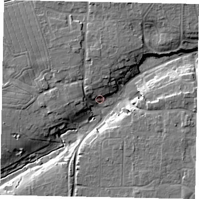 Shaded relief map of the ground around BN164JP, computed from Environment Agency LiDAR. The ground here sits at about 6 m above sea level and falls 15 m across the surrounding 800 m. Surface water reaching this point runs off ground lying to the north-west, 6.8 m higher.
