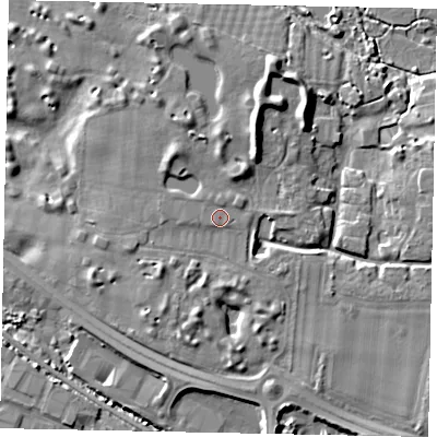 Shaded relief map of the ground around BN164NB, computed from Environment Agency LiDAR. The ground here sits at about 7 m above sea level and falls 9 m across the surrounding 800 m. Surface water reaching this point runs off ground lying to the south-west, 2.1 m higher.