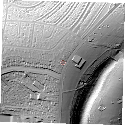 Shaded relief map of the ground around BN16XB, computed from Environment Agency LiDAR. The ground here sits at about 141 m above sea level and falls 83 m across the surrounding 800 m. Surface water reaching this point runs off ground lying to the north-east, 10.5 m higher.