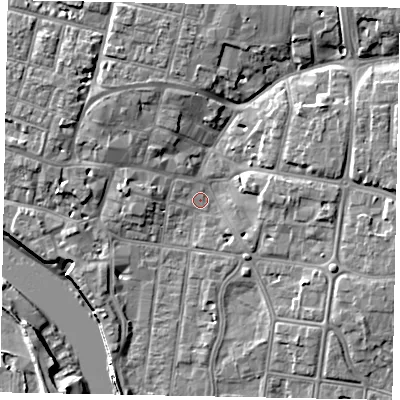 Shaded relief map of the ground around BN175AB, computed from Environment Agency LiDAR. The ground here sits at about 3 m above sea level and falls 10 m across the surrounding 800 m. Surface water reaching this point runs off ground lying to the north-east, 6.2 m higher.