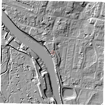 Shaded relief map of the ground around BN175AD, computed from Environment Agency LiDAR. The ground here sits at about 4 m above sea level and falls 9 m across the surrounding 800 m. Surface water reaching this point runs off ground lying to the south, 6.0 m higher.