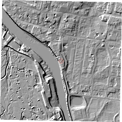 Shaded relief map of the ground around BN175AF, computed from Environment Agency LiDAR. The ground here sits at about 4 m above sea level and falls 8 m across the surrounding 800 m. Surface water reaching this point runs off ground lying to the north-north-west, 6.3 m higher.