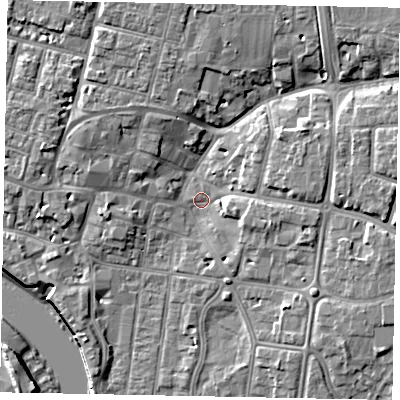 Shaded relief map of the ground around BN175AG, computed from Environment Agency LiDAR. The ground here sits at about 3 m above sea level and falls 10 m across the surrounding 800 m. Surface water reaching this point runs off ground lying to the north-north-east, 6.4 m higher.
