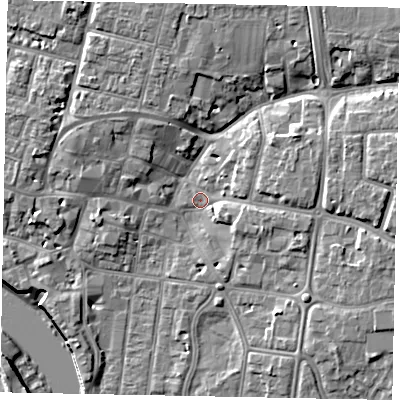 Shaded relief map of the ground around BN175AH, computed from Environment Agency LiDAR. The ground here sits at about 3 m above sea level and falls 10 m across the surrounding 800 m. Surface water reaching this point runs off ground lying to the north-east, 6.6 m higher.