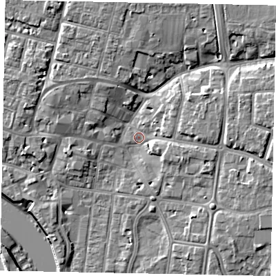 Shaded relief map of the ground around BN175AJ, computed from Environment Agency LiDAR. The ground here sits at about 3 m above sea level and falls 10 m across the surrounding 800 m. Surface water reaching this point runs off ground lying to the north-east, 6.5 m higher.