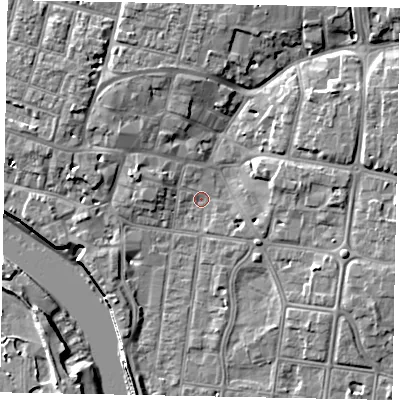 Shaded relief map of the ground around BN175AR, computed from Environment Agency LiDAR. The ground here sits at about 2 m above sea level and falls 9 m across the surrounding 800 m. Surface water reaching this point runs off ground lying to the north-east, 6.0 m higher.