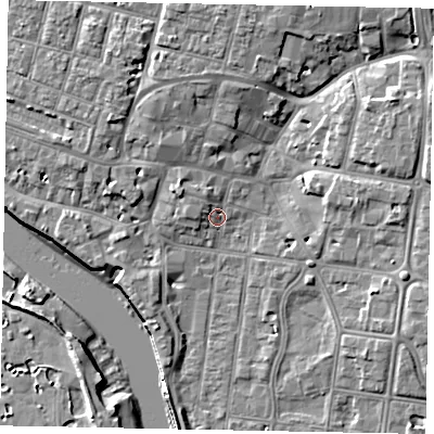 Shaded relief map of the ground around BN175AS, computed from Environment Agency LiDAR. The ground here sits at about 3 m above sea level and falls 9 m across the surrounding 800 m. Surface water reaching this point runs off ground lying to the north-north-west, 5.1 m higher.