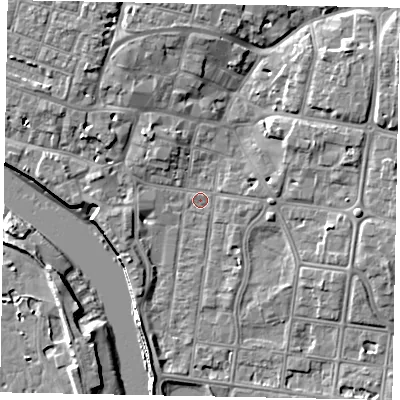 Shaded relief map of the ground around BN175AT, computed from Environment Agency LiDAR. The ground here sits at about 2 m above sea level and falls 9 m across the surrounding 800 m. Surface water reaching this point runs off ground lying to the north-east, 6.4 m higher.