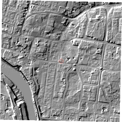 Shaded relief map of the ground around BN175AU, computed from Environment Agency LiDAR. The ground here sits at about 3 m above sea level and falls 9 m across the surrounding 800 m. Surface water reaching this point runs off ground lying to the east-south-east, 1.5 m higher.