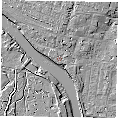 Shaded relief map of the ground around BN175AW, computed from Environment Agency LiDAR. The ground here sits at about 4 m above sea level and falls 9 m across the surrounding 800 m. Surface water reaching this point runs off ground lying to the east-north-east, 1.5 m higher.
