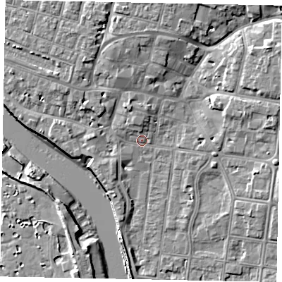 Shaded relief map of the ground around BN175AX, computed from Environment Agency LiDAR. The ground here sits at about 3 m above sea level and falls 9 m across the surrounding 800 m. Surface water reaching this point runs off ground lying to the north-north-west, 3.1 m higher.