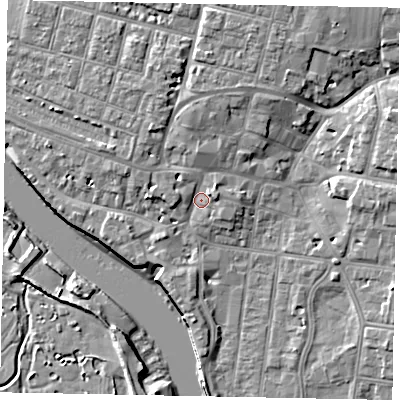 Shaded relief map of the ground around BN175AZ, computed from Environment Agency LiDAR. The ground here sits at about 4 m above sea level and falls 9 m across the surrounding 800 m. Surface water reaching this point runs off ground lying to the east-north-east, 2.1 m higher.