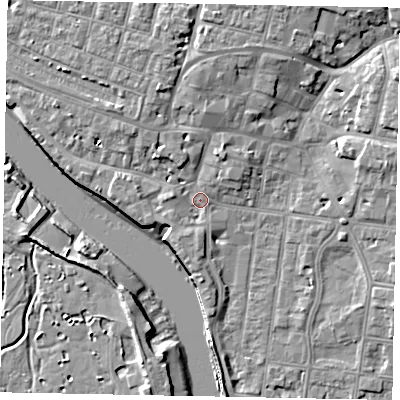 Shaded relief map of the ground around BN175BA, computed from Environment Agency LiDAR. The ground here sits at about 3 m above sea level and falls 9 m across the surrounding 800 m. Surface water reaching this point runs off ground lying to the north-north-east, 2.6 m higher.