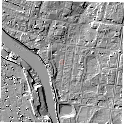 Shaded relief map of the ground around BN175BB, computed from Environment Agency LiDAR. The ground here sits at about 2 m above sea level and falls 9 m across the surrounding 800 m. Surface water reaching this point runs off ground lying to the south-west, 1.3 m higher.