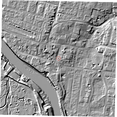 Shaded relief map of the ground around BN175BD, computed from Environment Agency LiDAR. The ground here sits at about 4 m above sea level and falls 9 m across the surrounding 800 m. Surface water reaching this point runs off ground lying to the north-north-east, 2.6 m higher.