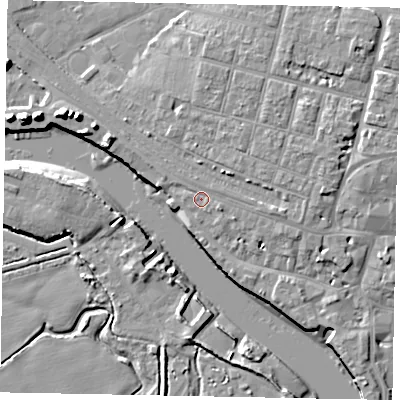 Shaded relief map of the ground around BN175BF, computed from Environment Agency LiDAR. The ground here sits at about 4 m above sea level and falls 12 m across the surrounding 800 m. Surface water reaching this point runs off ground lying to the east, 1.3 m higher.
