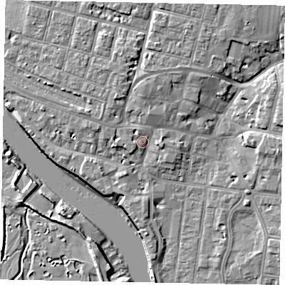 Shaded relief map of the ground around BN175BG, computed from Environment Agency LiDAR. The ground here sits at about 4 m above sea level and falls 10 m across the surrounding 800 m. Surface water reaching this point runs off ground lying to the east, 2.1 m higher.