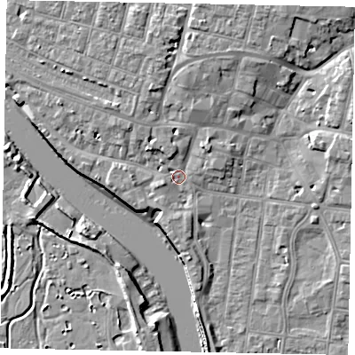 Shaded relief map of the ground around BN175BH, computed from Environment Agency LiDAR. The ground here sits at about 3 m above sea level and falls 9 m across the surrounding 800 m. Surface water reaching this point runs off ground lying to the north-east, 2.6 m higher.