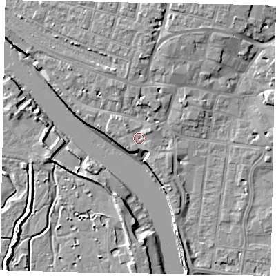 Shaded relief map of the ground around BN175BJ, computed from Environment Agency LiDAR. The ground here sits at about 3 m above sea level and falls 9 m across the surrounding 800 m. Surface water reaching this point runs off ground lying to the east-north-east, 1.5 m higher.