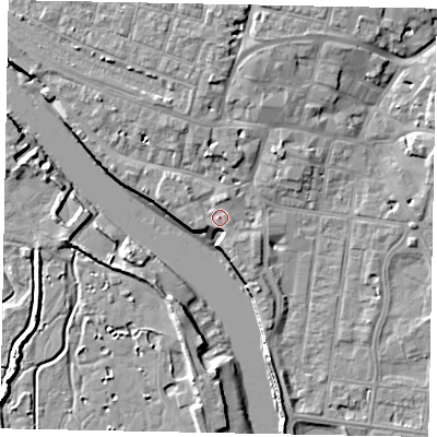 Shaded relief map of the ground around BN175BL, computed from Environment Agency LiDAR. The ground here sits at about 4 m above sea level and falls 9 m across the surrounding 800 m. Surface water reaching this point runs off ground lying to the north, 1.5 m higher.