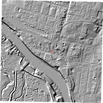 Shaded relief map of the ground around BN175BN, computed from Environment Agency LiDAR. The ground here sits at about 3 m above sea level and falls 9 m across the surrounding 800 m. Surface water reaching this point runs off ground lying to the north, 3.2 m higher.