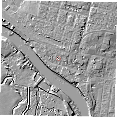 Shaded relief map of the ground around BN175BP, computed from Environment Agency LiDAR. The ground here sits at about 4 m above sea level and falls 10 m across the surrounding 800 m. Surface water reaching this point runs off ground lying to the north-north-east, 3.4 m higher.