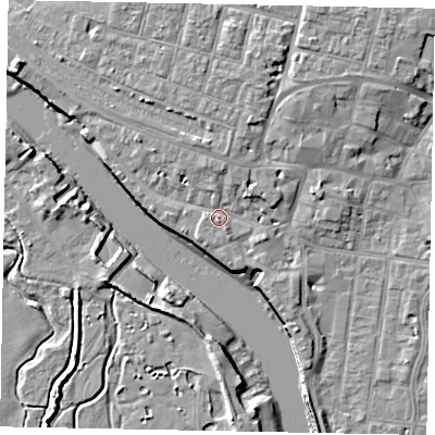 Shaded relief map of the ground around BN175BQ, computed from Environment Agency LiDAR. The ground here sits at about 4 m above sea level and falls 9 m across the surrounding 800 m. Surface water reaching this point runs off ground lying to the north, 3.2 m higher.
